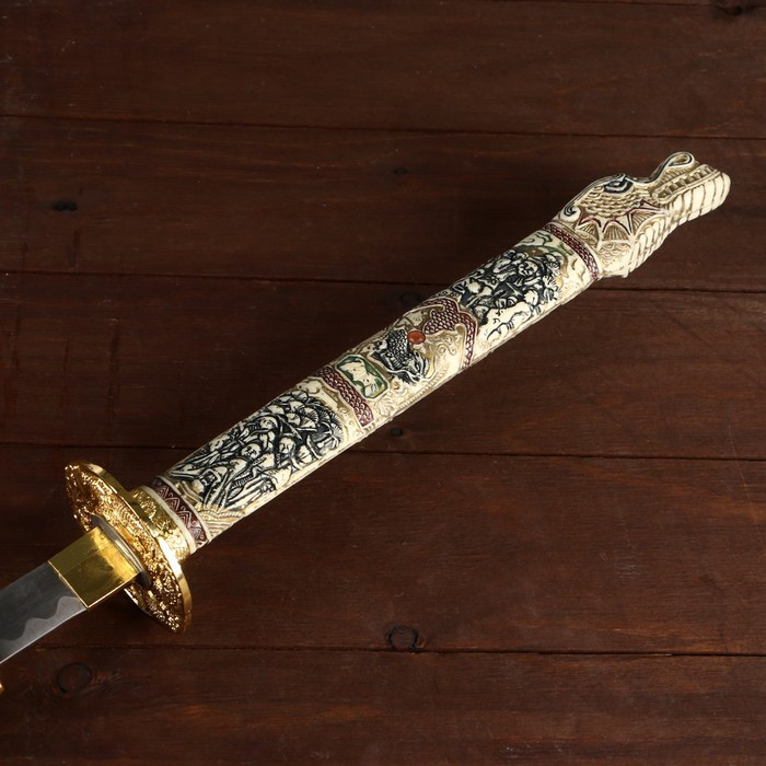Сувенирное оружие «Катана на подставке», чёрные ножны, рукоятка под слоновую кость, 108 см - фото 3 - id-p217977885