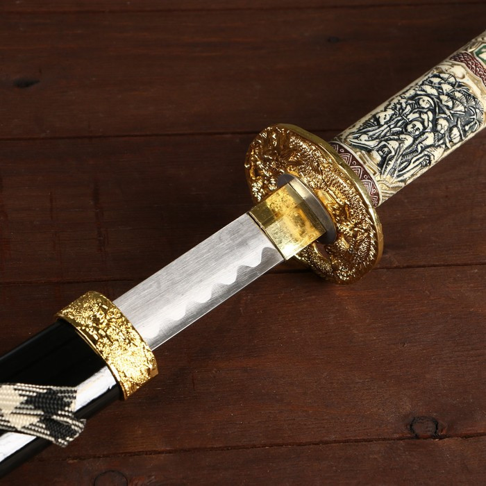Сувенирное оружие «Катана на подставке», чёрные ножны, рукоятка под слоновую кость, 108 см - фото 4 - id-p217977885