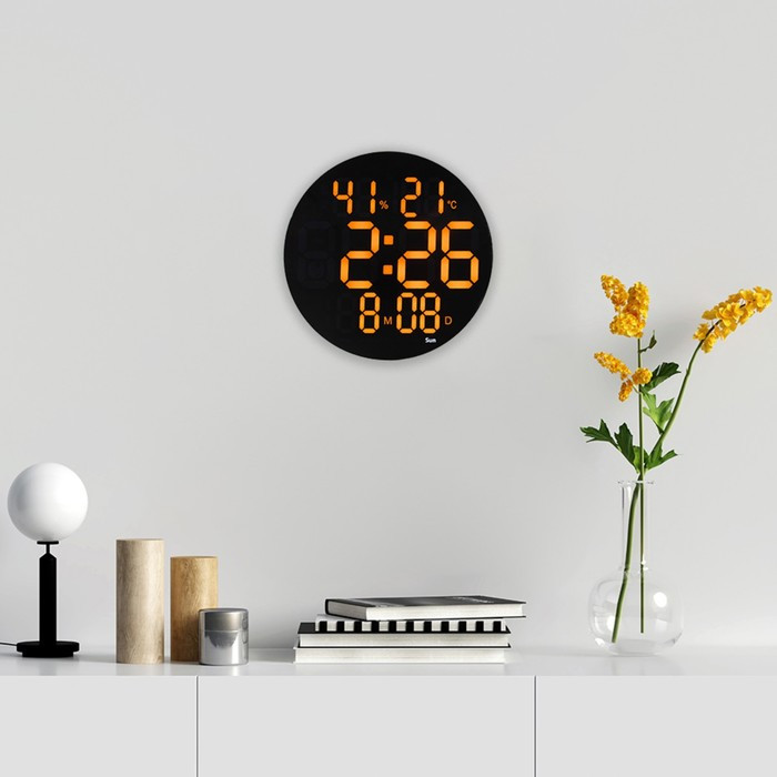 Часы электронные настенные, будильник, календарь, термометр, гигрометр, 1 ААА, d-25 см - фото 2 - id-p217977905
