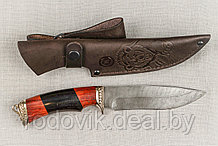 Охотничий нож из дамасской стали «Близнец», рукоять литье мельхиор, черный граб, карельская берёза.