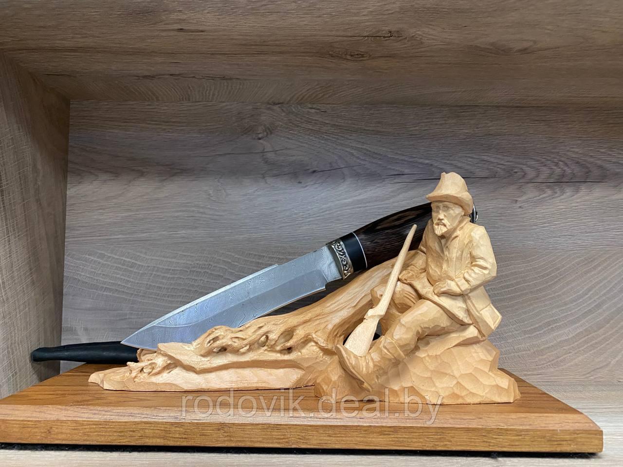 Охотничий нож «Бизон» из дамасской стали, рукоять литье мельхиор, венге, береста. Подарок мужчине. - фото 4 - id-p217998977