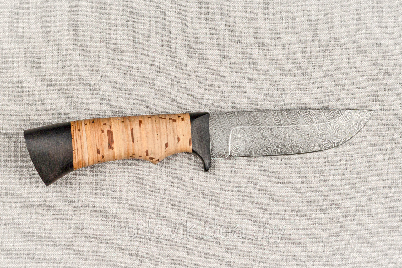 Кованый нож из дамасской стали «Егерь», рукоять береста, черный граб. Подарок мужчине. - фото 3 - id-p217998979