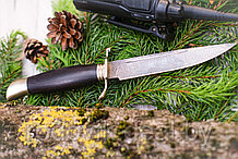 Нож финка из кованой дамасской стали «НКВД», рукоять литье мельхиор, черный граб. Подарок мужчине.