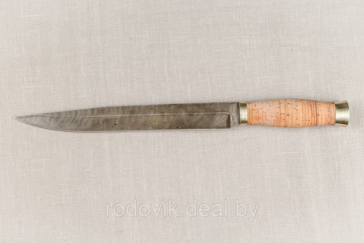 Охотничий нож из дамасской стали «Фараон», рукоять литье мельхиор, береста. Подарок мужчине. - фото 4 - id-p217998984