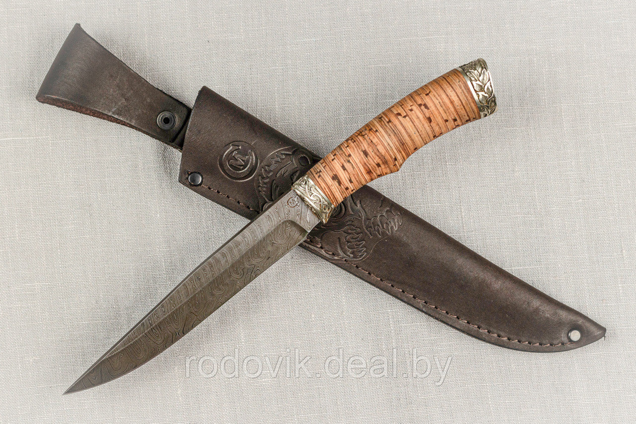 Охотничий нож из дамасской стали «Анчар», рукоять литье мельхиор, береста.