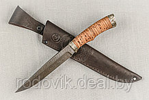 Охотничий нож из дамасской стали «Анчар», рукоять литье мельхиор, береста.