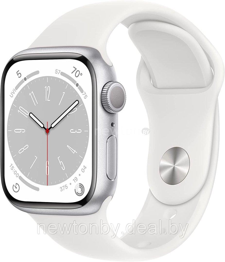 Умные часы Apple Watch Series 8 41 мм (алюминиевый корпус, серебристый/белый, спортивные силиконовые ремешки