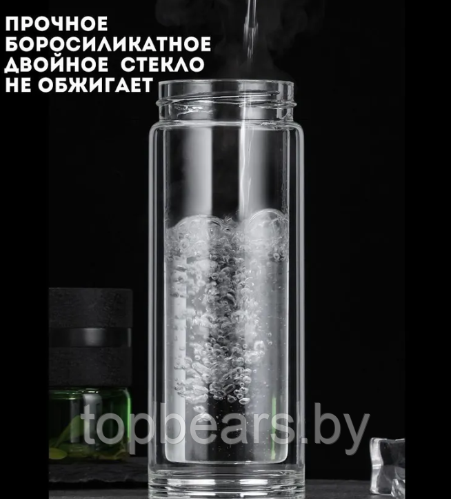 Стеклянная бутылка - термос UNIQUE с ситечком 370 мл. / Двойные стенки, силиконовая ручка, Черный - фото 3 - id-p218062579