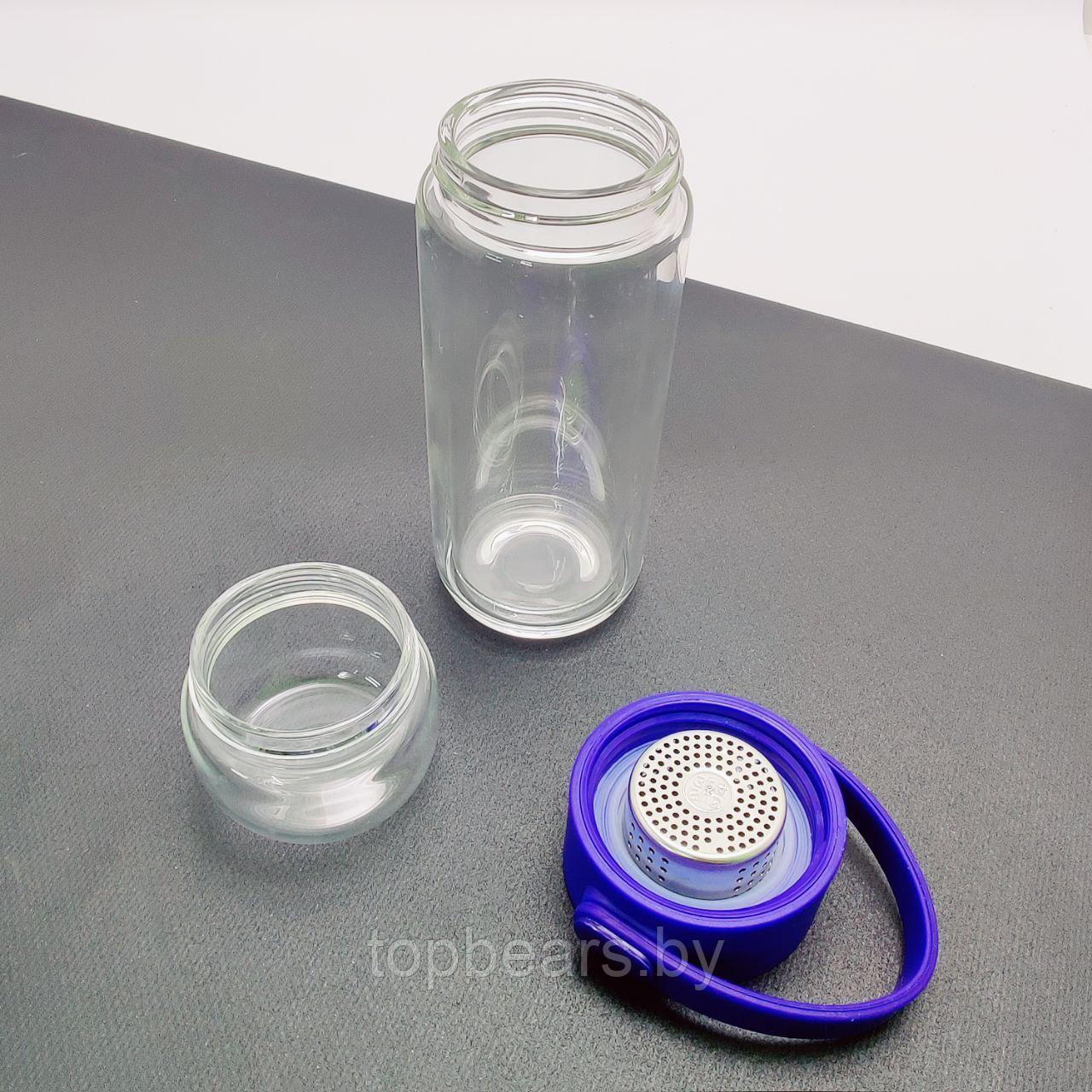 Стеклянная бутылка - термос UNIQUE с ситечком 370 мл. / Двойные стенки, силиконовая ручка, Синий - фото 7 - id-p218062580