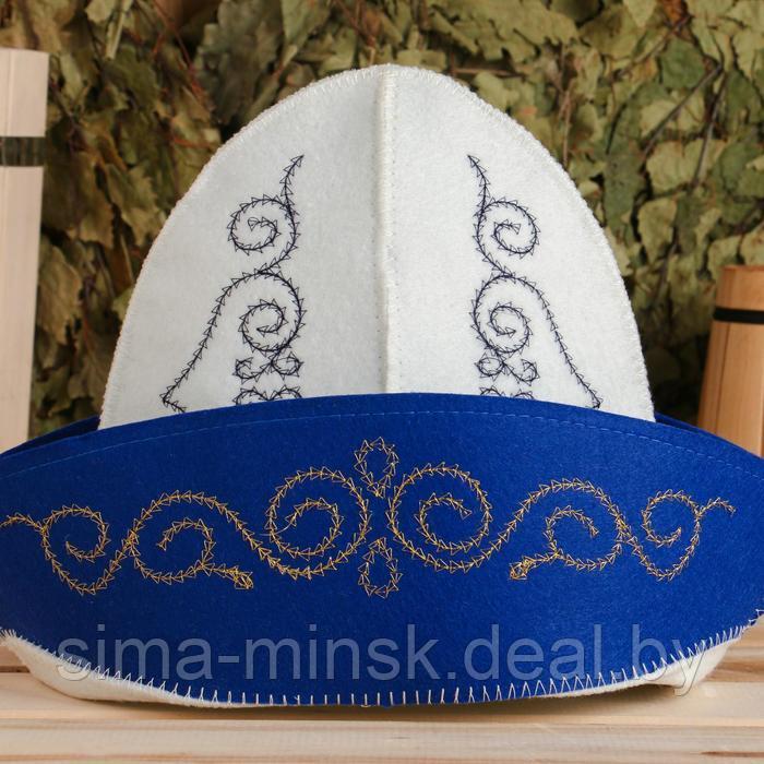 Шапка для бани с вышивкой "Казахстанский колпак мужской" с золотыми и голубыми узорами - фото 2 - id-p218081202