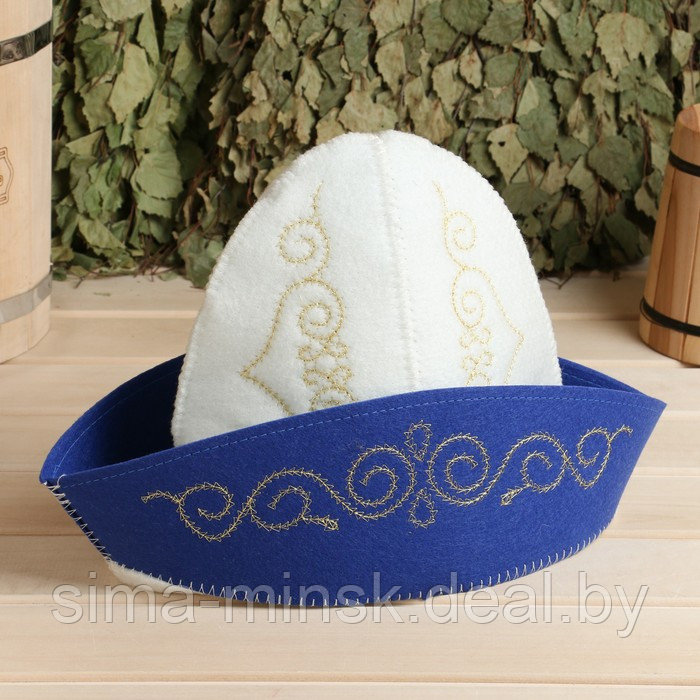 Шапка для бани с вышивкой "Казахстанский колпак мужской" с золотыми и голубыми узорами - фото 5 - id-p218081202
