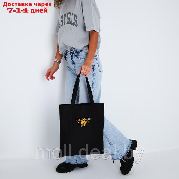 Сумка текстильная шопер с вышивкой "BEE" , 40*35 см, черный цвет - фото 3 - id-p217523515