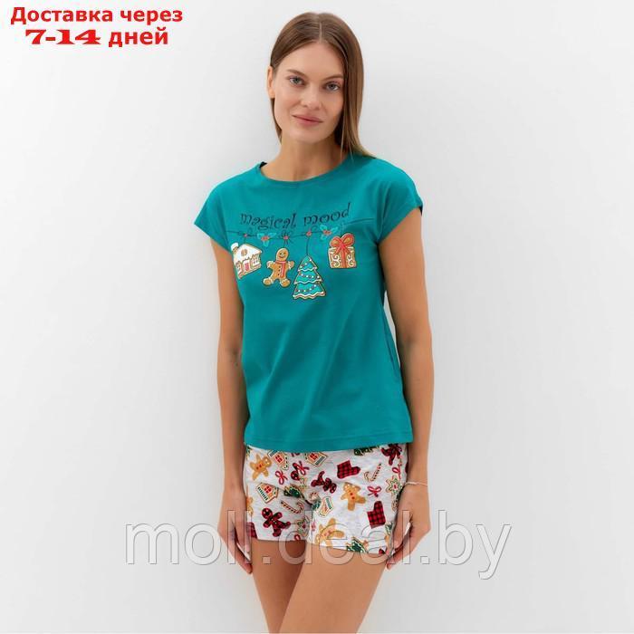Комплект женский домашний (футболка/шорты), цвет зелёный, размер 52 - фото 1 - id-p217522989