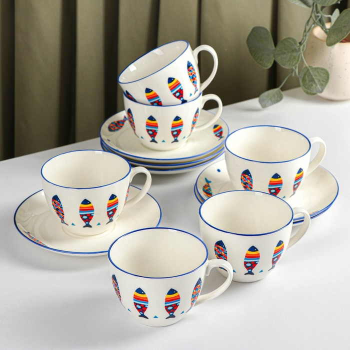 Сервиз фарфоровый чайный Доляна «Емеля», 12 предметов: 6 чашек 280 мл, 6 блюдец d=15 см, цвет белый - фото 1 - id-p218145928