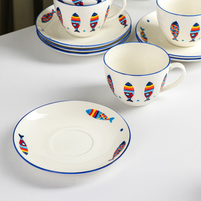 Сервиз фарфоровый чайный Доляна «Емеля», 12 предметов: 6 чашек 280 мл, 6 блюдец d=15 см, цвет белый - фото 2 - id-p218145928
