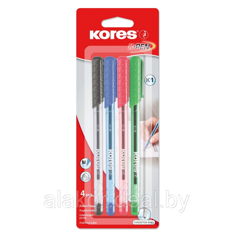 Ручка шариковая Kores K1, корпус прозрачный, цвет стержня:синий, красный, зеленый, черный , 0.7мм., 4шт - фото 1 - id-p218165913