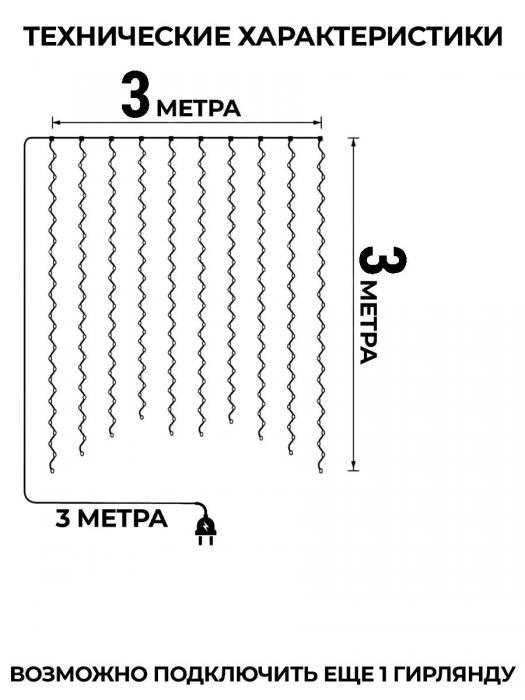 Гирлянда штора 3х3 на окно стену новогодняя светодиодная занавес водопад роса дождик цветная LED дождь - фото 4 - id-p218093301