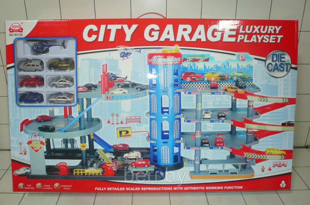 92138 Игровой набор Паркинг Мега парковка 4 уровня, гараж с машинками и вертолетом - фото 1 - id-p218169734