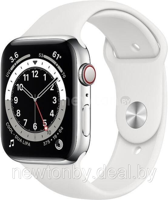 Умные часы Apple Watch Series 6 LTE 44 мм (сталь серебристый/белый спортивный) - фото 1 - id-p194209073