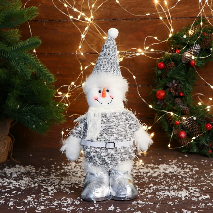 Мягкая игрушка "Снеговик в колпаке и шарфике" 16х30 см, серый - фото 1 - id-p218179344