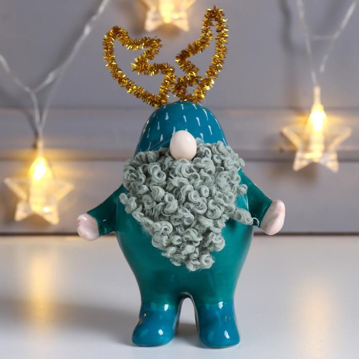 Сувенир керамика "Дед Мороз, кудрявая борода, колпак с рожками" зелёный 14,8х6,8х9,6 см - фото 1 - id-p218179378