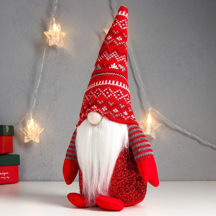 Кукла интерьерная свет "Дед Мороз светящийся нос, в красном колпаке с узорами" 33х17х12 см - фото 4 - id-p218178448