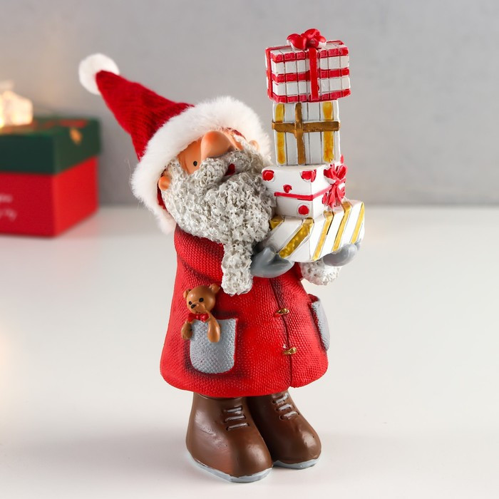Сувенир полистоун "Дед Мороз в красном, с кудрявой бородой с подарками" 15,5х8,2х6,5 см - фото 1 - id-p218178464