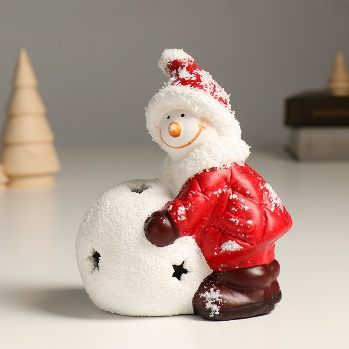Сувенир керамика свет "Снеговик в красном пуховике со снежным шаром" 10,8х8х13,7 см - фото 2 - id-p218178510