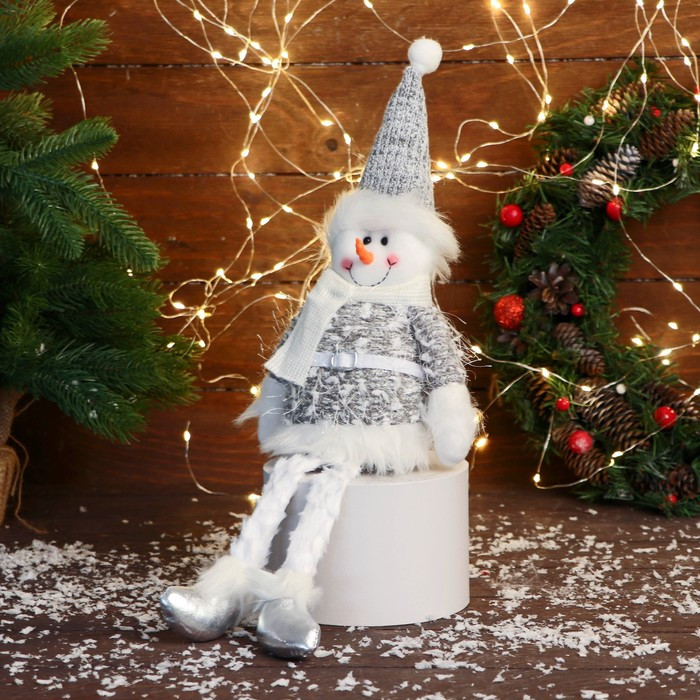 Мягкая игрушка "Снеговик в колпаке и шарфике" 15х39 см, серый - фото 1 - id-p218179465