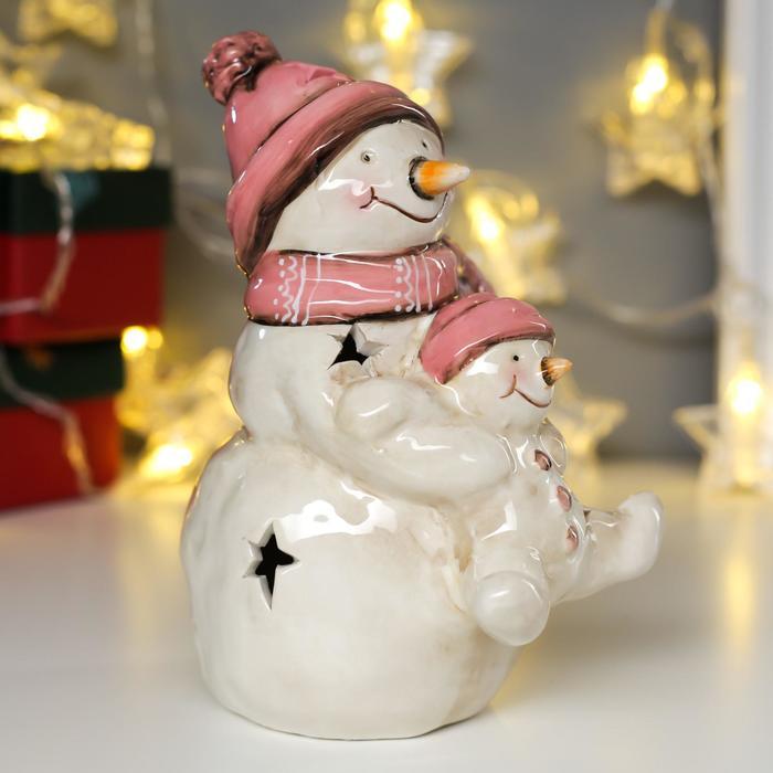 Сувенир керамика свет "Снеговик со снеговичком в розовых колпаках" 17,5х11х12,5 см - фото 4 - id-p218178631