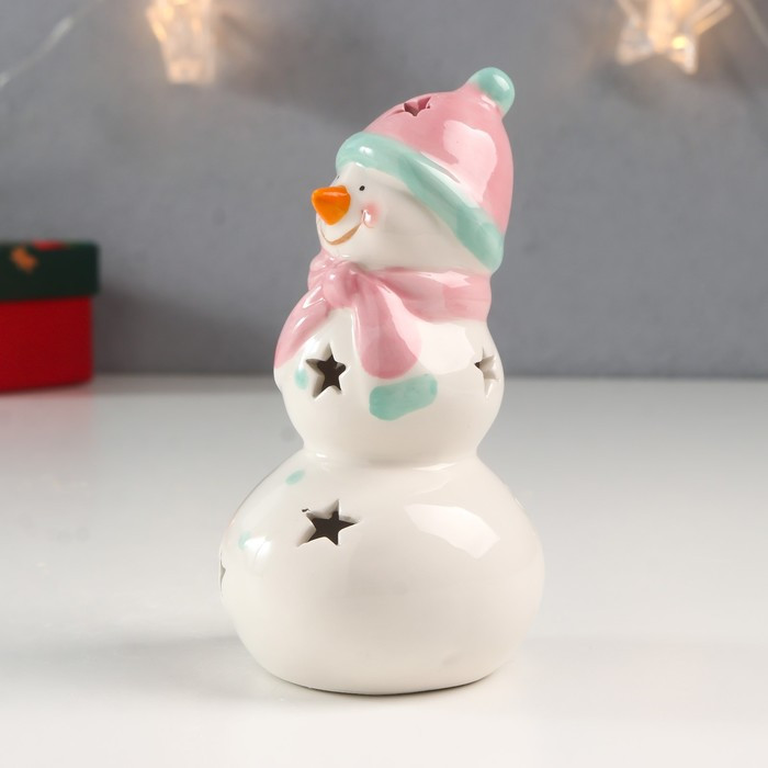 Сувенир керамика свет "Снеговик, розовая шапка и шарф, звёздочки" 11,5х6х6 см - фото 3 - id-p218178684