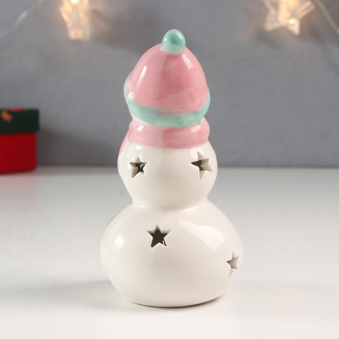 Сувенир керамика свет "Снеговик, розовая шапка и шарф, звёздочки" 11,5х6х6 см - фото 4 - id-p218178684