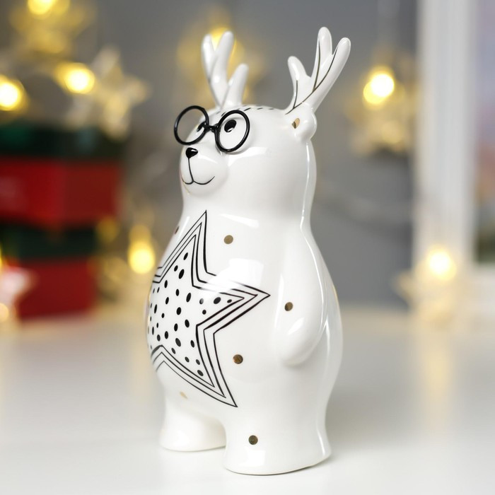 Сувенир керамика "Мишка с рожками оленя" бело-чёрный с золотом 16,3х7,9х9,2 см - фото 3 - id-p218178714
