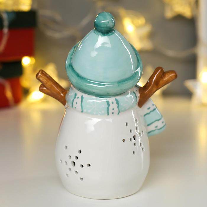 Сувенир керамика свет "Снеговик в бирюзовой шапке с бомбошкой" 13х7,3х10,3 см - фото 5 - id-p218178722