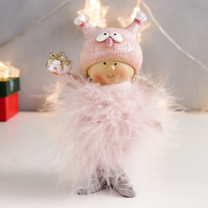 Сувенир полистоун "Малышка-ангел в розовом, в шапке совы, с подарком" пух 16,5х11х5 см - фото 1 - id-p218178725