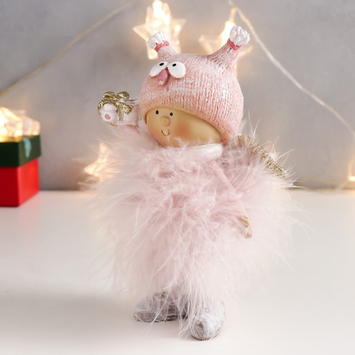 Сувенир полистоун "Малышка-ангел в розовом, в шапке совы, с подарком" пух 16,5х11х5 см - фото 4 - id-p218178725