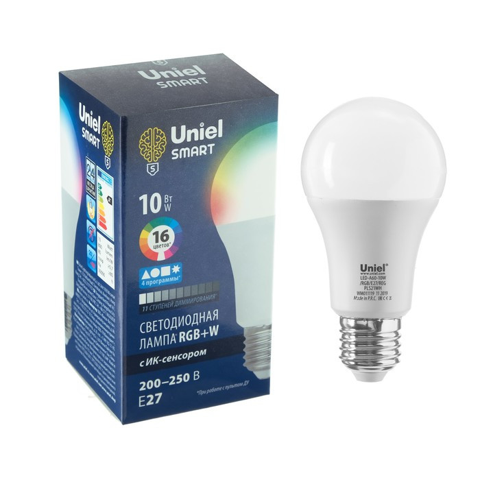 Лампа светодиодная с ИК сенсором Uniel, А60, 10 Вт, Е27, матовая, RGB - фото 1 - id-p218180481