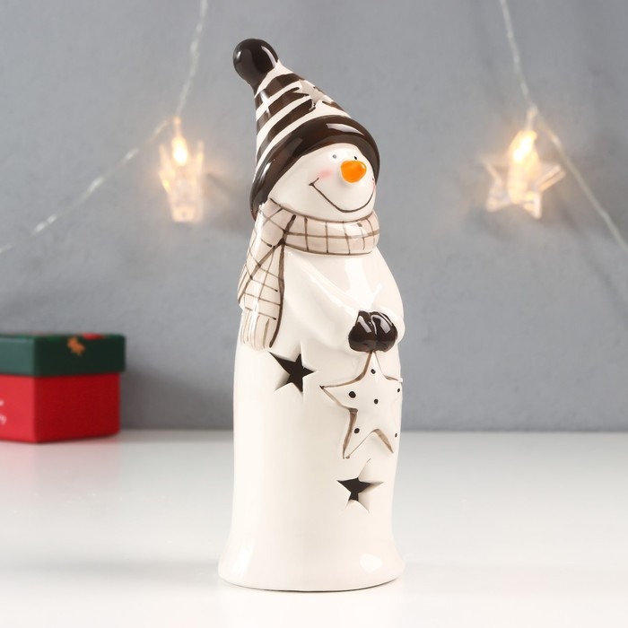 Сувенир керамика свет "Снеговик в полосатой шапке, шарфе, со звездой" 17,8х6х6 см - фото 2 - id-p218178897