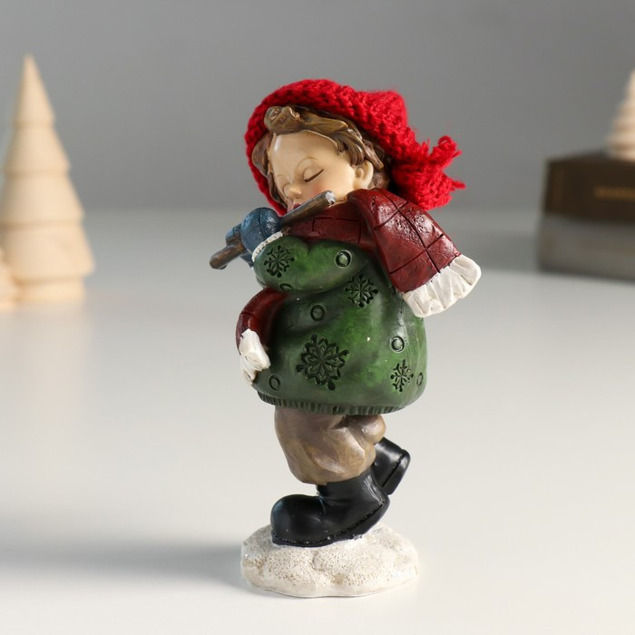 Сувенир полистоун "Малыш в зимней одежде, играет на флейте" красно-зелёный 6х6,5х13 см - фото 4 - id-p218178910