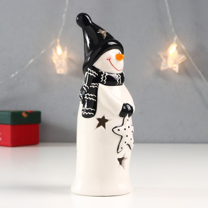 Сувенир керамика свет "Снеговик, чёрная шапка и шарф, с звёздочкой" 17,8х6х6 см - фото 2 - id-p218178982