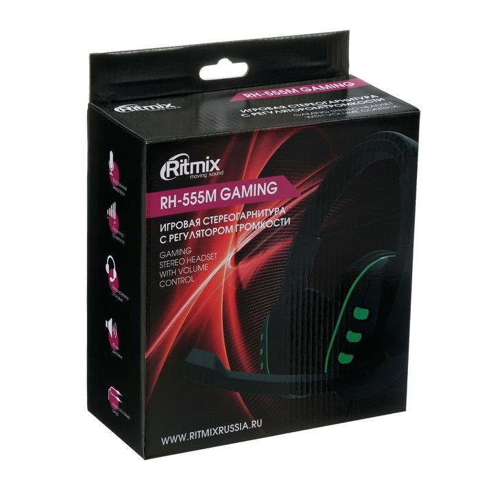 Наушники Ritmix RH-555M Gaming, игровые, полноразмерные, микрофон, 3.5мм, 1.8м, черно/зелен - фото 8 - id-p218180268