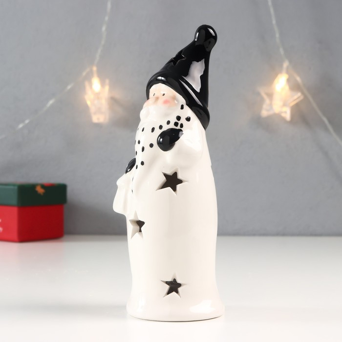 Сувенир керамика свет "Дед Мороз, чёрный колпак, борода в горох, с фонарём" 17,8х6,2х6,2 см 762031 - фото 3 - id-p218179065