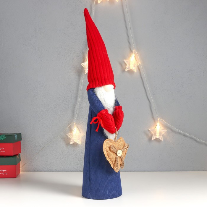 Кукла интерьерная "Дед Мороз в синем кафтане, красном колпаке с сердцем" 47х14х11 см - фото 2 - id-p218179074