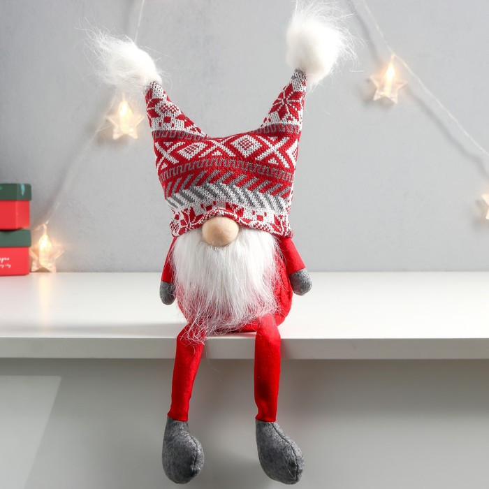 Кукла интерьерная "Дед Мороз в шапке с красными узорами, с бомбошками" 41х13х10 см - фото 1 - id-p218179222