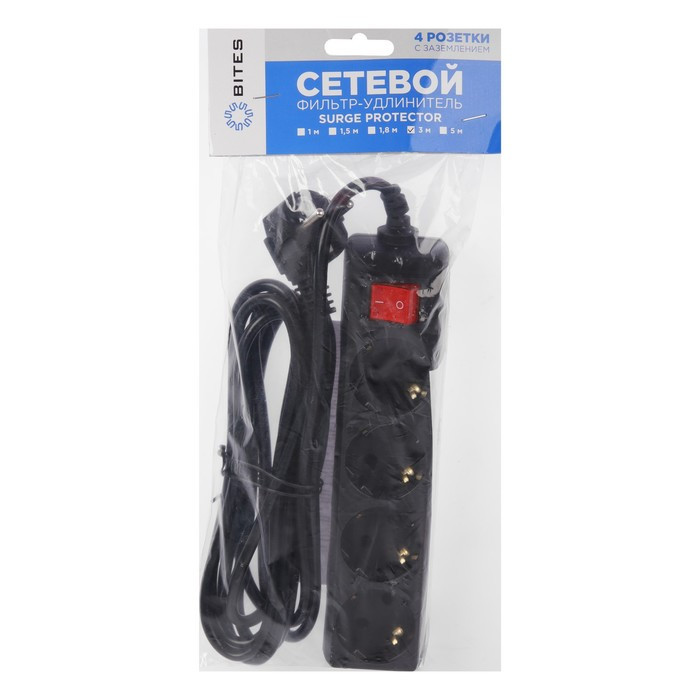 Сетевой фильтр 5bites SP4B-230 4S, 4 розетки, 3 м, 10 А, 3х0.75 мм2, с выкл., черный - фото 5 - id-p218181016