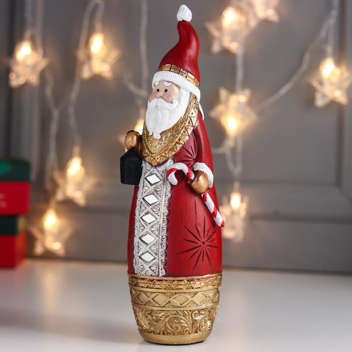Сувенир полистоун "Дед Мороз в красной шубе с золотом, с фонарём и конфетой" 28,5х8х8,5 см - фото 2 - id-p218179271