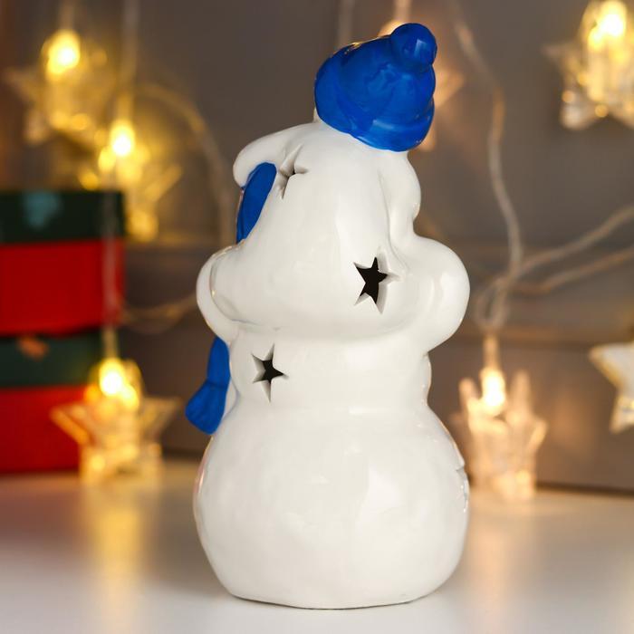 Сувенир керамика свет "Снеговик с малышом, синие колпаки и шарфы" 19х10х10 см - фото 5 - id-p218179323