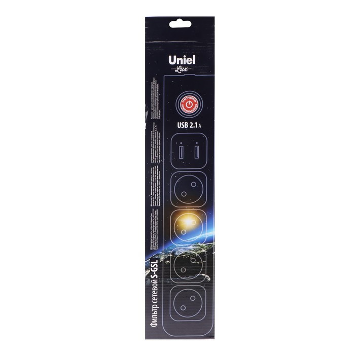 Сетевой фильтр Uniel Lux, 4 розетки, USB 2.1 А, 3 м, 10 А, 2500 Вт, ПВС 3х0.75, с з/к, серый - фото 5 - id-p218181105