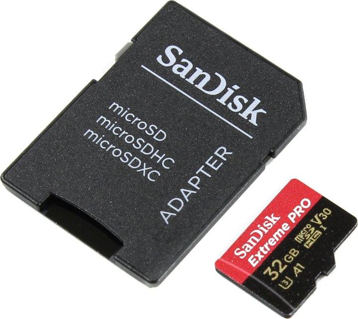 Карта памяти SanDisk Extreme Pro SDSQXCG-032G-GN6MA microSDHC Memory Card 32Gb UHS-I U3 + microSD-- SD Adapter - фото 1 - id-p218188648