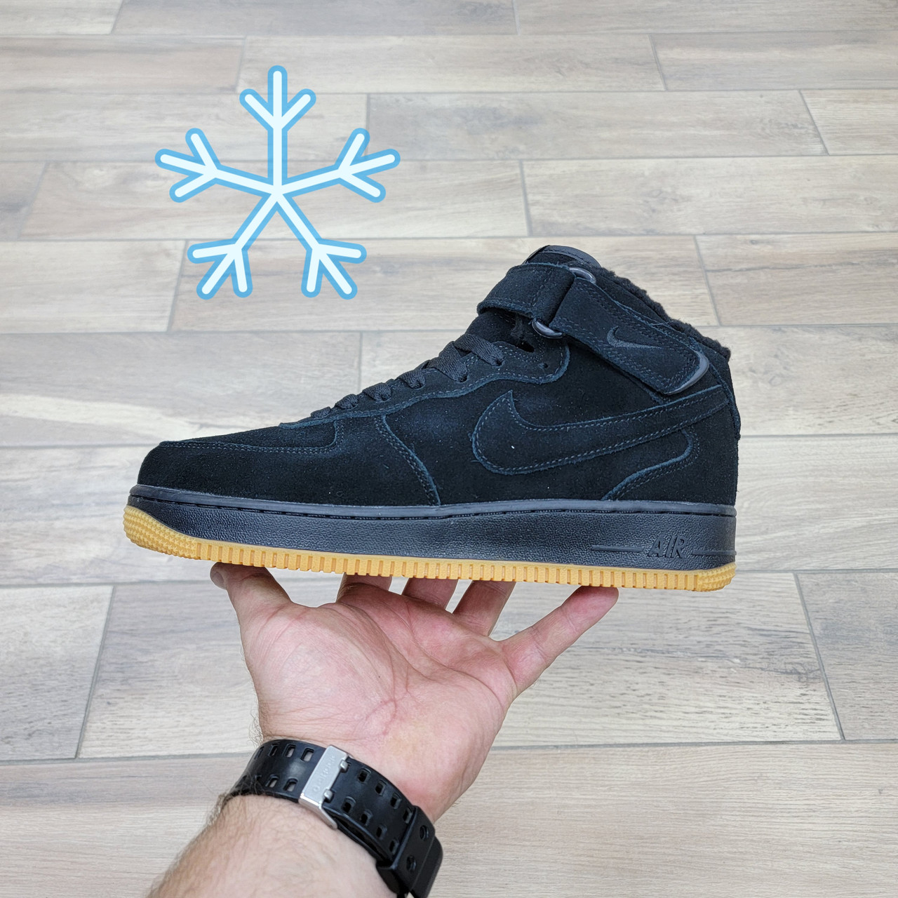 Кроссовки Nike Air Force 1 Mid Black Gum с мехом - фото 1 - id-p169834043